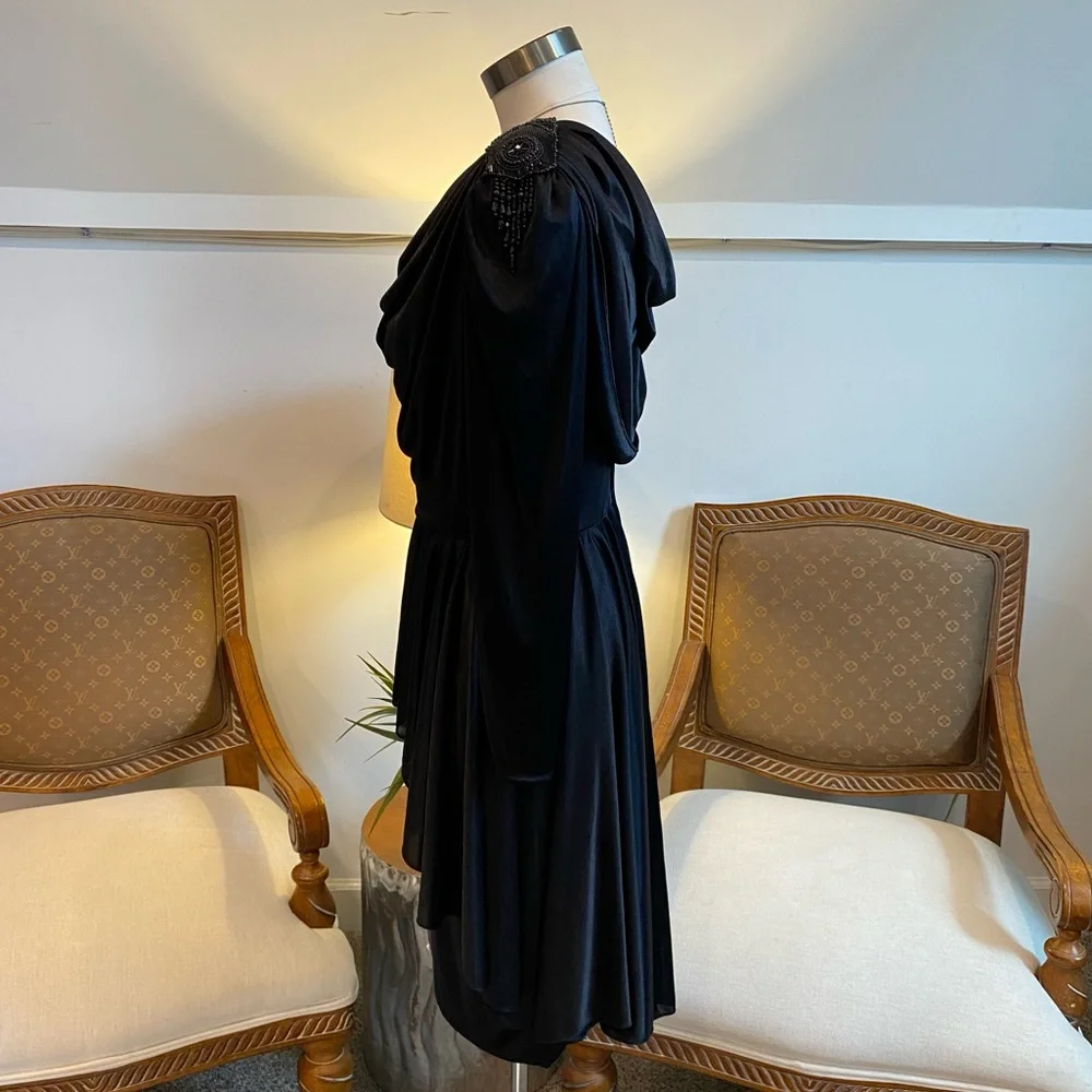 Vintage 80s Women's Elegant Black Draped Dress with Beaded Details by Abby Kent - Picture 2 of 11